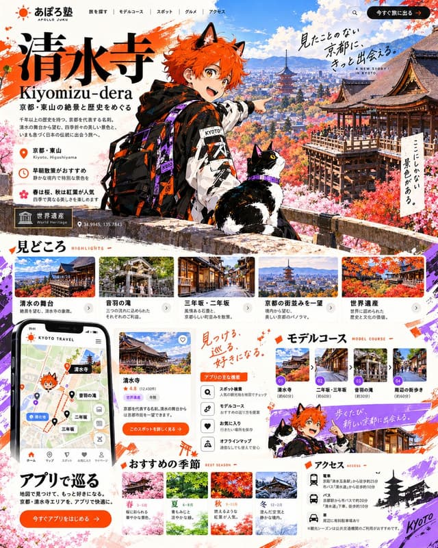 Infographic / Edu Visual - Kiyomizu-dera Travel LP with Anime Mascot