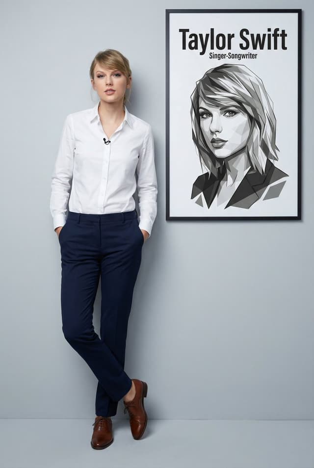 Product Marketing - Ultra-realistic full body portrait of Taylor Swift with graphic overlay — output