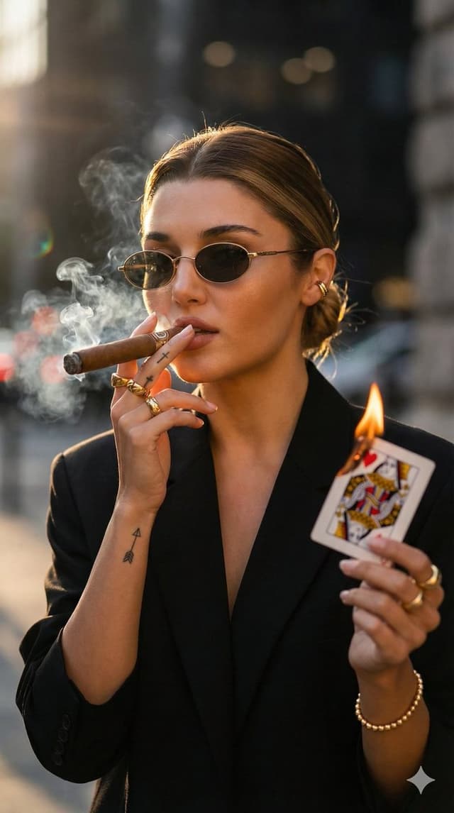 Edgy Fashion Portrait with Cigar and Playing Card Prompt (Urdu/Hindi) — output