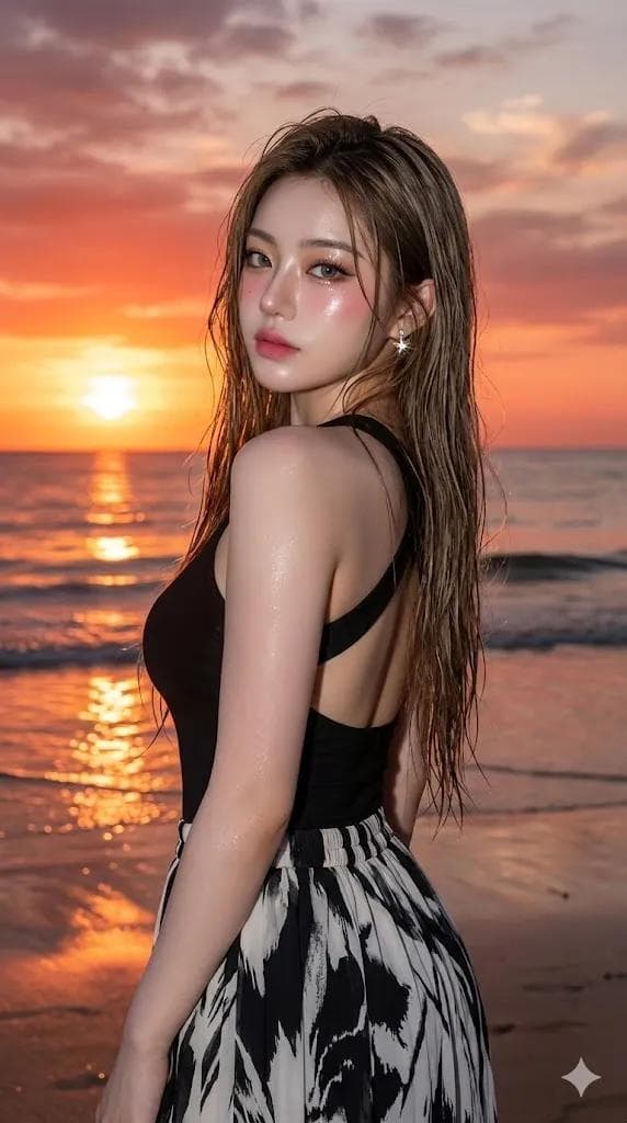 Golden Hour Beach Portrait with Glass Skin Effect — output
