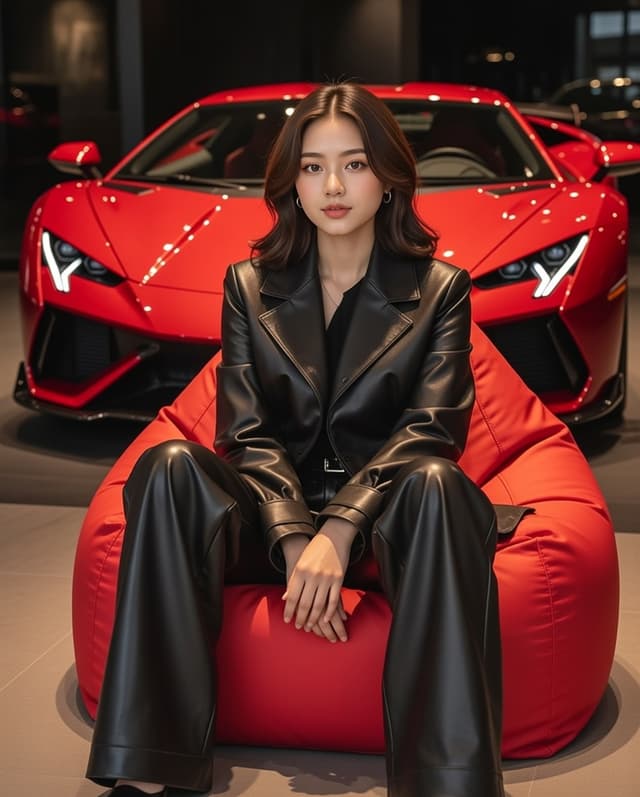Luxury Showroom Scene with Red Supercar and All-Black Outfit — output