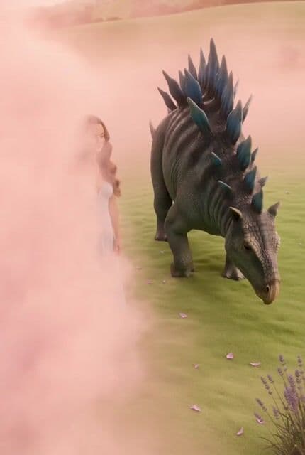 Woman in Pink Fog with Baby Blue Stegosaurus — cover