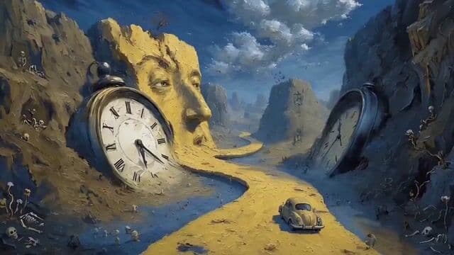 Car Driving Through Melting Clocks Canyon in Salvador Dalí Style — cover
