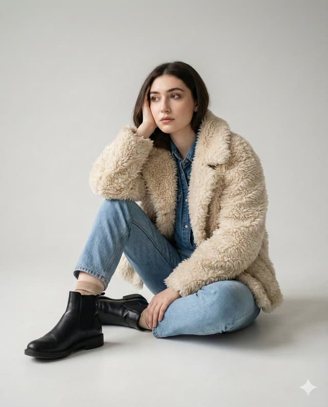 Editorial denim portrait preserving face identity — output