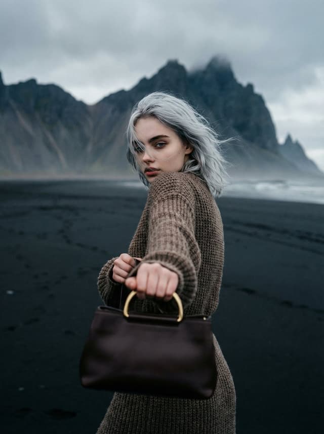 Cinematic Fashion on Black Sand Beach Prompt — output