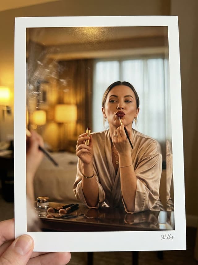 Glamorous Makeup Mirror Reflection Editorial Shot Prompt — output