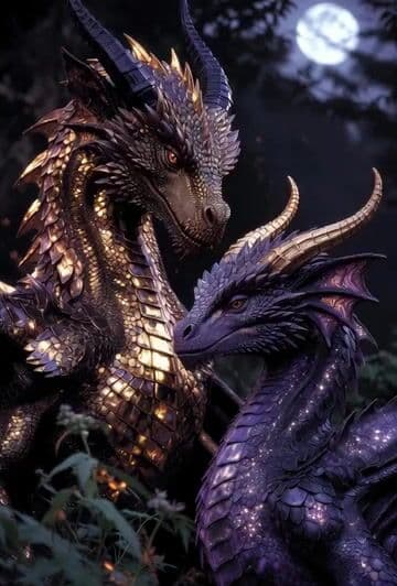 Golden and Purple Dragons in Moonlit Forest — cover