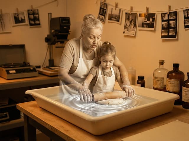 Vintage Photograph Developing in Darkroom with 3D Emergence — output