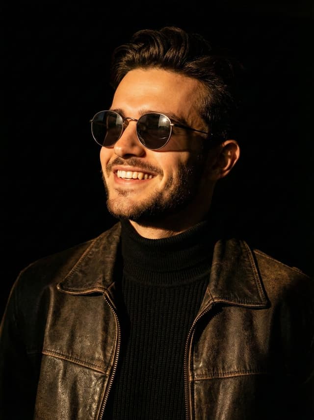 Profile / Avatar - Portrait photo prompt for a man with dramatic side-lighting and specific clothing details — output