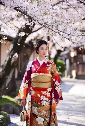 Beautiful Japanese Woman in Kimono under Cherry Blossoms — cover