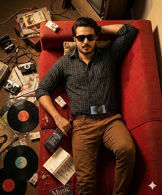 Cinematic Overhead Portrait of a Man on a Red Couch — output