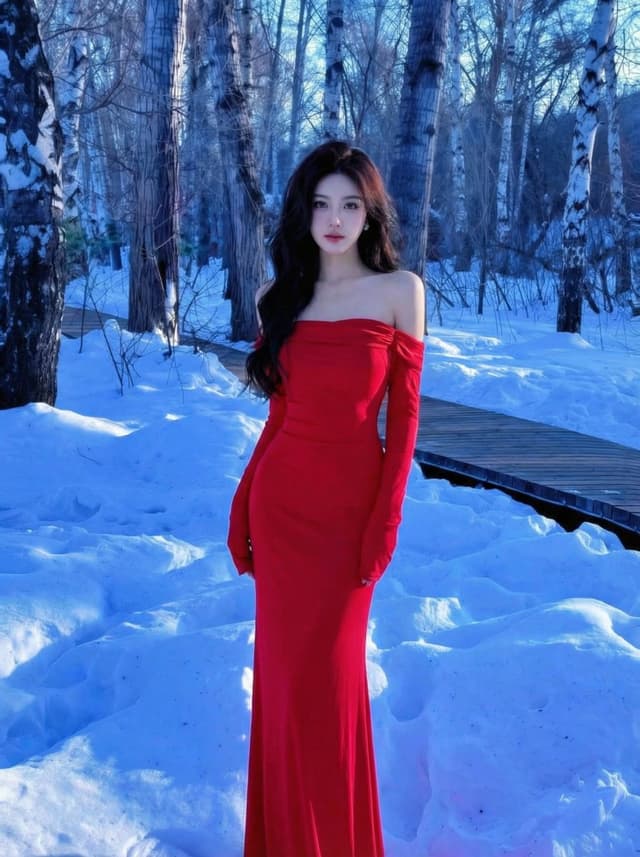 Dramatic Red Dress in Snowy Birch Forest — output