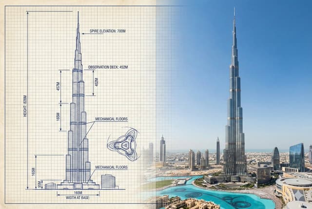 Infographic / Edu Visual - Burj Khalifa Technical Sketch and Real Photo Comparison — output