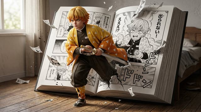 Comic / Storyboard - Hyper-realistic crossover image of Zenitsu Agatsuma from Demon Slayer — output