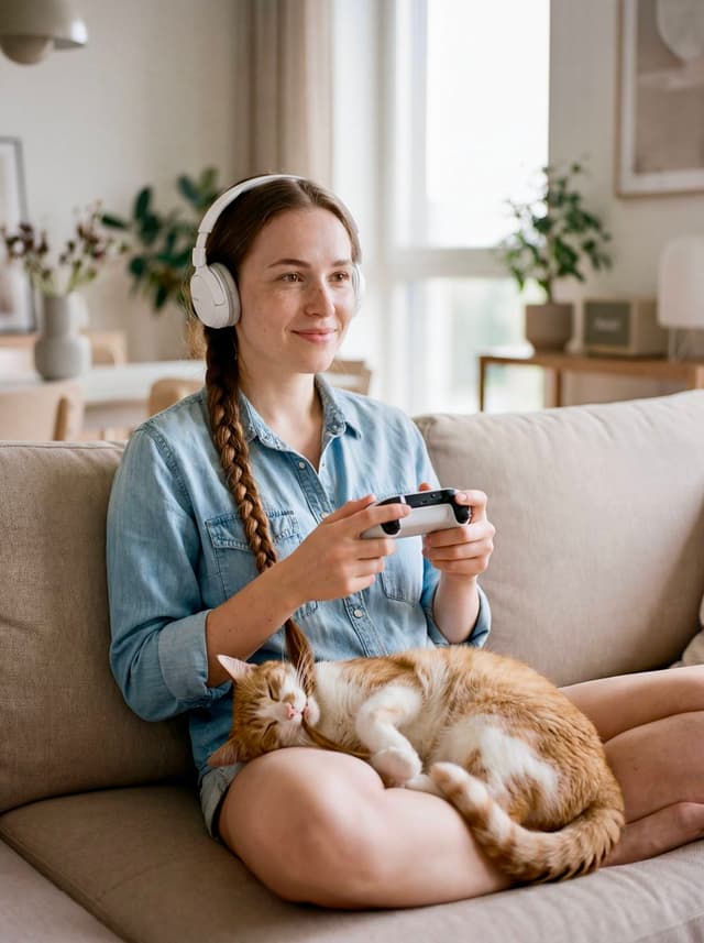 Editorial Portrait of Woman and Cat with Braid Interaction — output