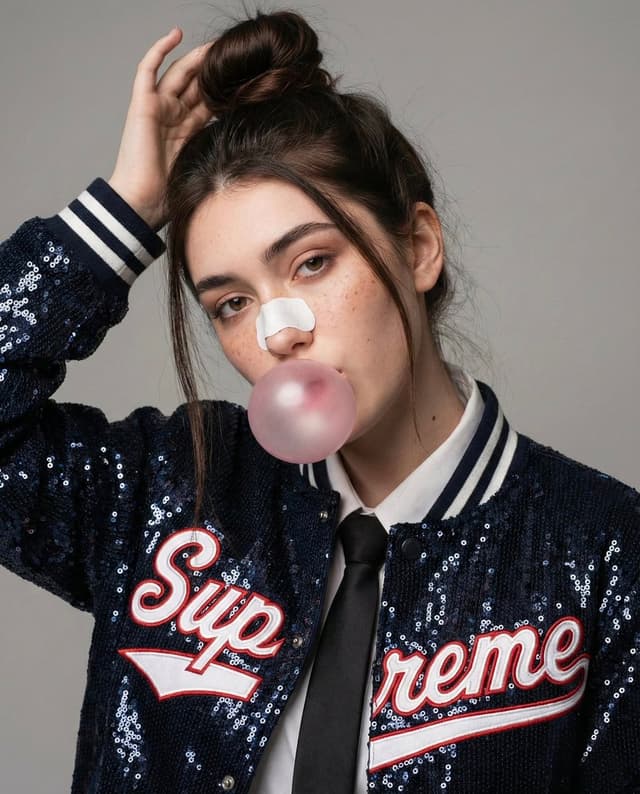 Fashion Editorial Portrait with Bubble Gum and Nose Strip Prompt — output