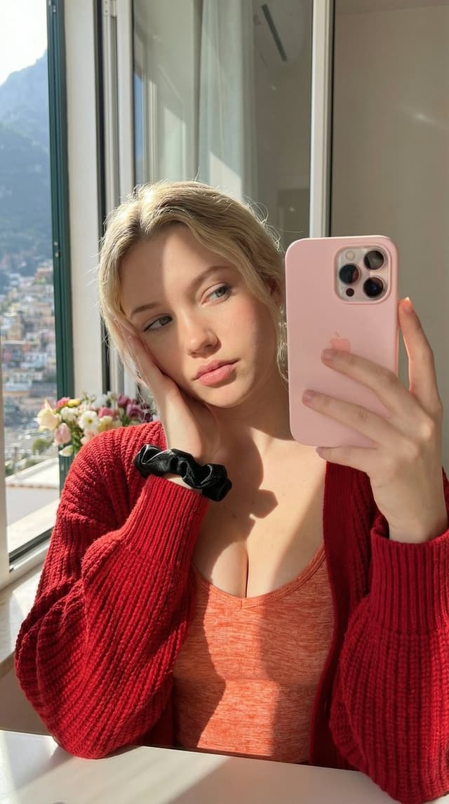 Profile / Avatar - Dual Mirror Selfie Prompts (Red vs. Yellow Cardigan) — output