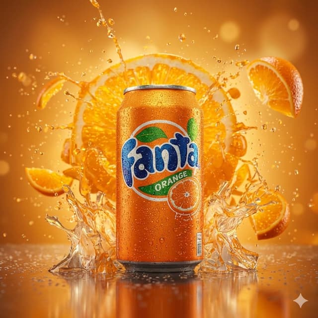 E-commerce Main Image - Hyper-realistic cinematic product shot of Fanta Orange can with exploding orange slices — output