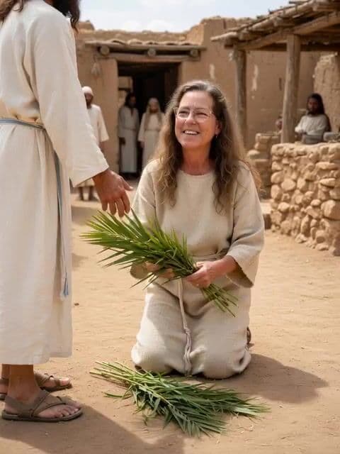 Woman laying palm branches for Jesus video — cover