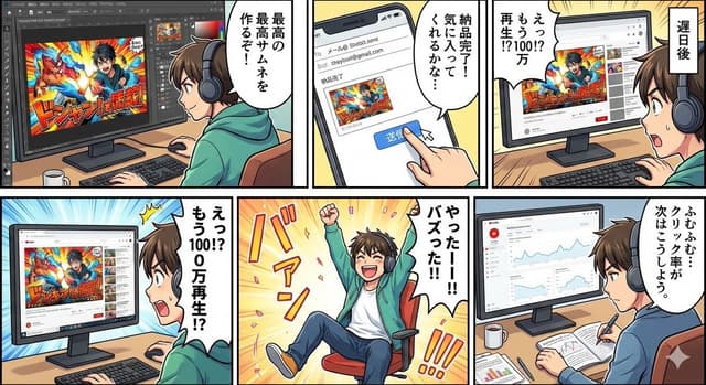Five-panel manga of a YouTube thumbnail creator workflow — output