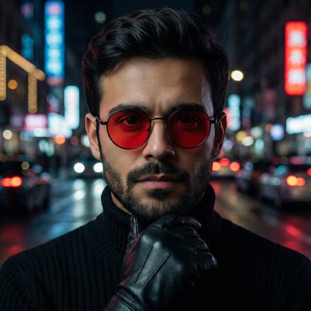 Cinematic Close-Up Portrait Prompt with Red-Tinted Glasses — output