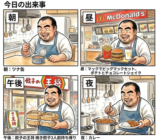 Comic / Storyboard - 4-Panel Manga Prompt: A Day's Meals — output