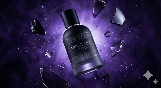 E-commerce Main Image - Matte Black Elixir Bottle with Purple Smoke Background — output