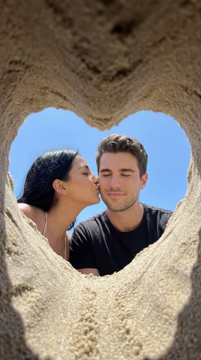 Candid Beach Kiss Framed by Sand Heart — output