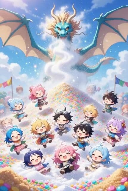 Parade ending in a sugar pile with a flying dragon — cover