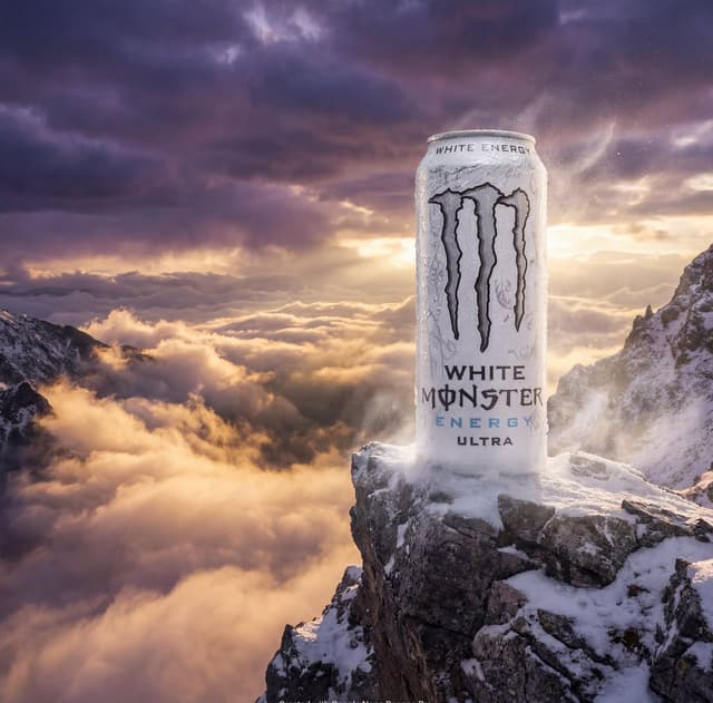 Product Ad: Monster Energy Can on Mountain Peak — output