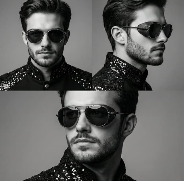High-Contrast Monochrome Triptych Portrait with Steampunk Sunglasses — output