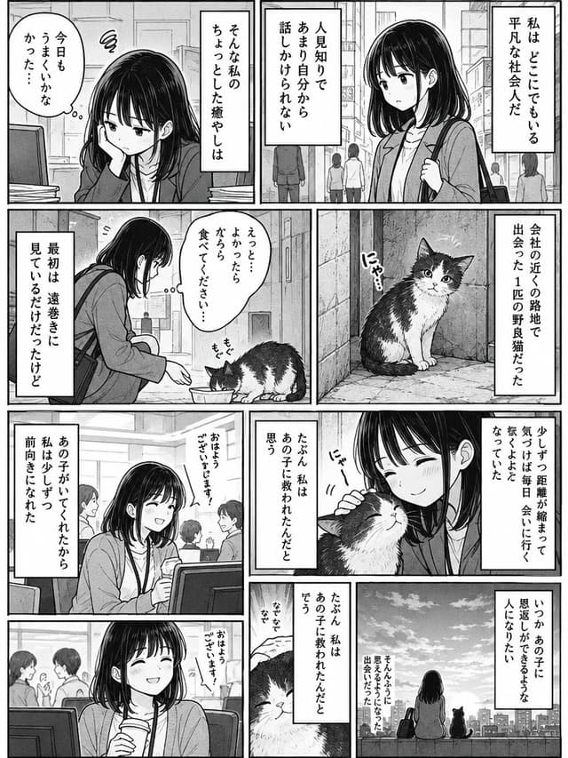 Comic / Storyboard - Monochrome Manga Woman and Stray Cat — output