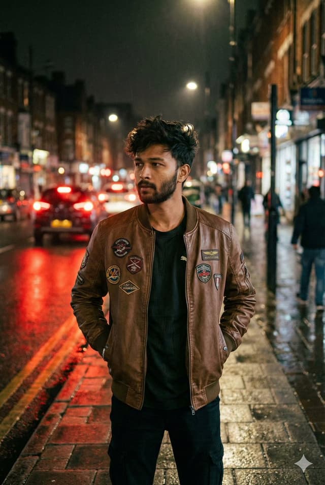 Nighttime Street Portrait with Face Reference — output