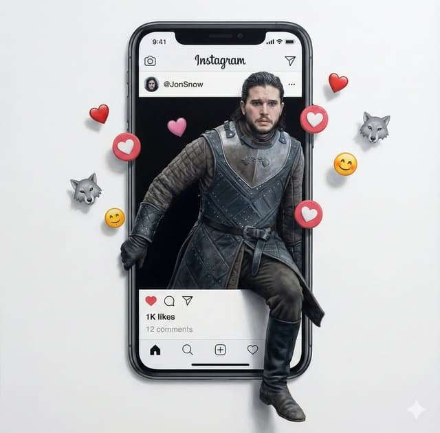 Trompe l'oeil subject stepping out of social media screen — output