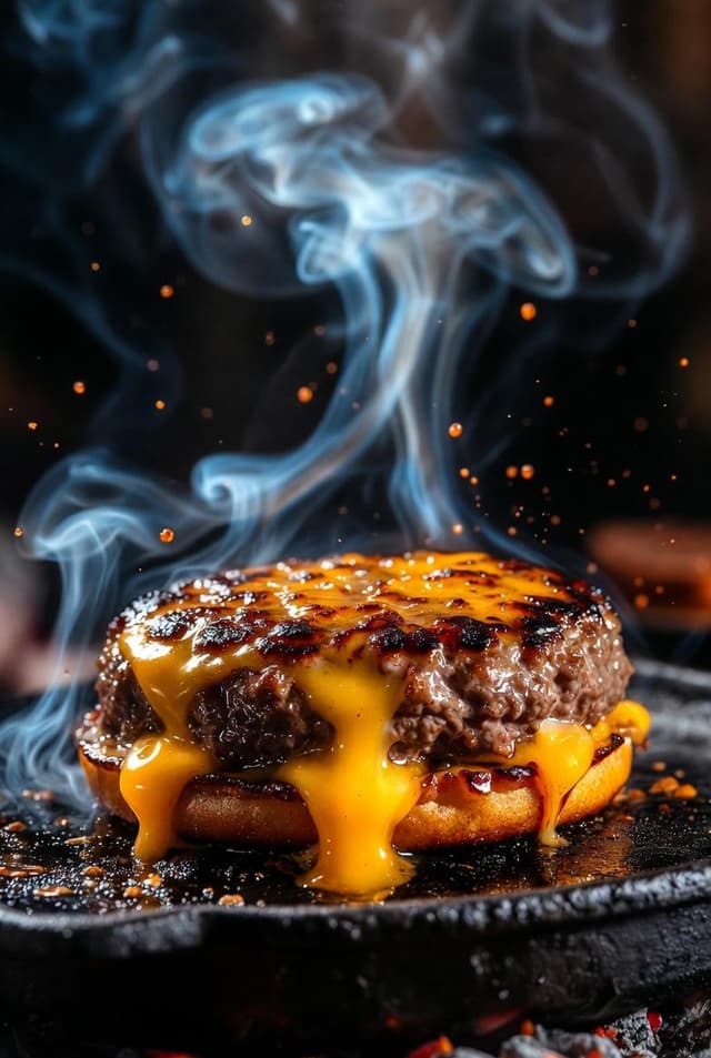Cinematic Macro Shot of Sizzling Cheeseburger — output