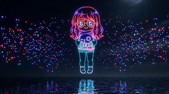 Drone Art Character Projection over Night Sea — output