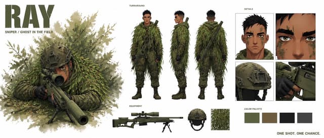 Comic / Storyboard - Cinematic Sniper Character Bible Sheet — output