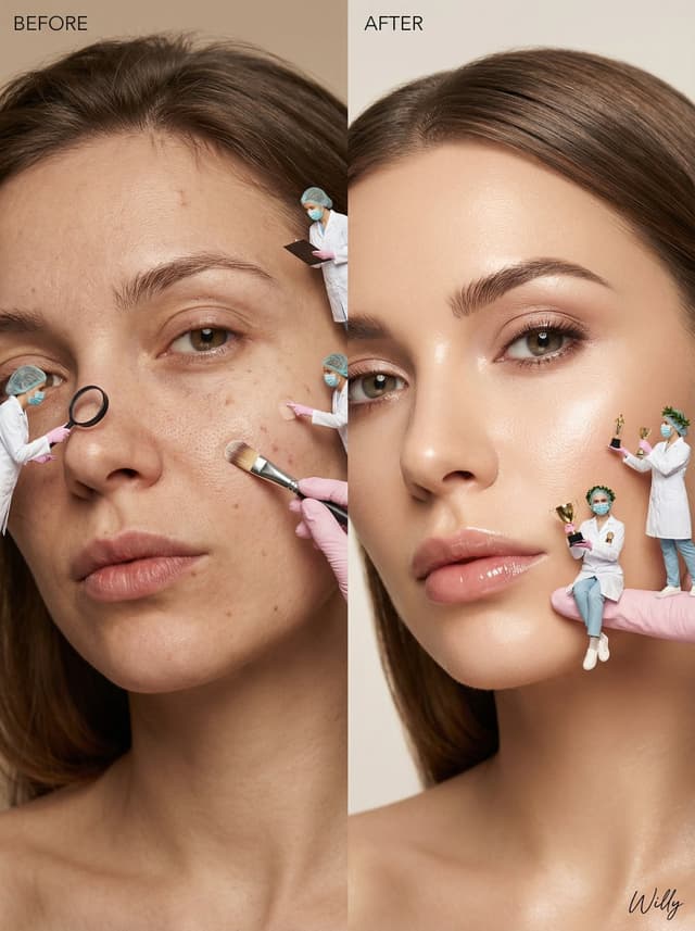 Surreal Skincare Before/After Editorial with Miniature Figures — output