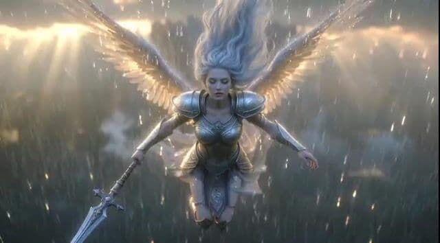 Video generation prompt: Celestial Valkyrie descending to Earth in the rain — cover