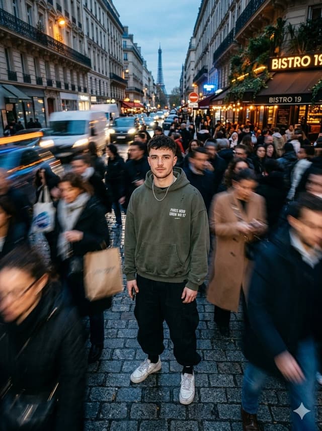 Social Media Post - Streetwear Model in Paris Crowd — output