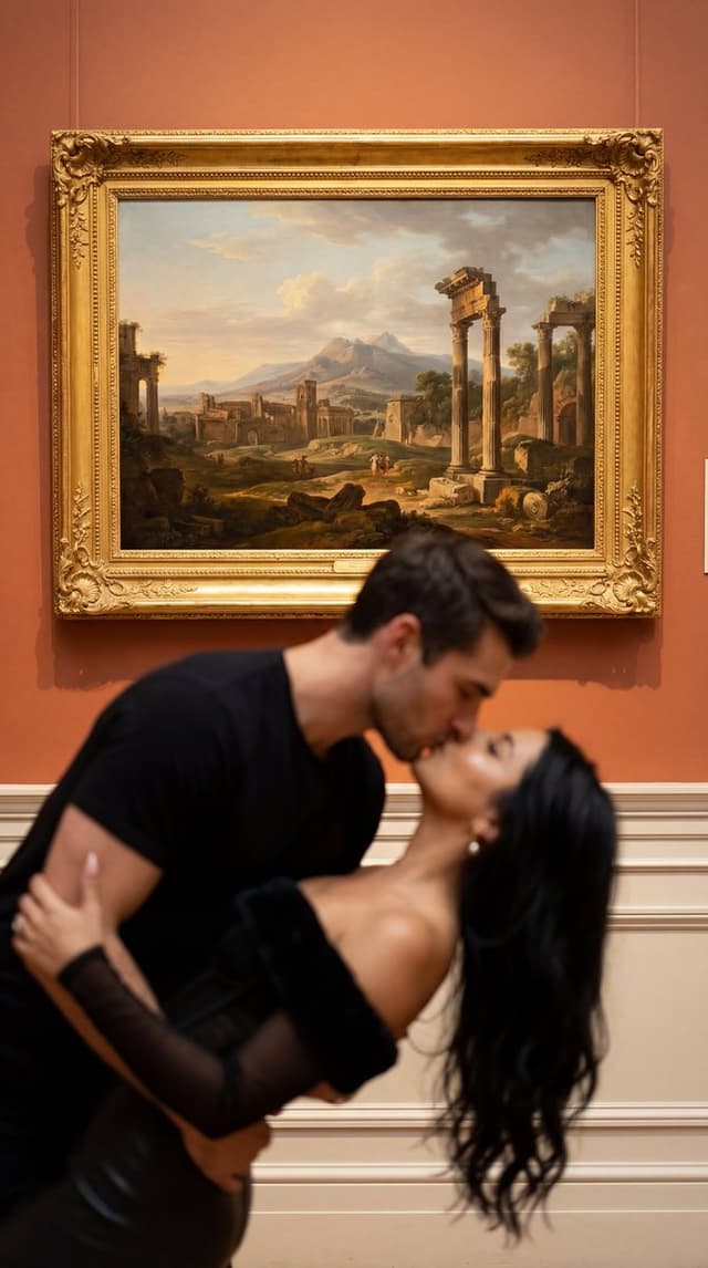 Product Marketing - Cinematic Museum Romance Dip-Kiss Editorial Prompt — output