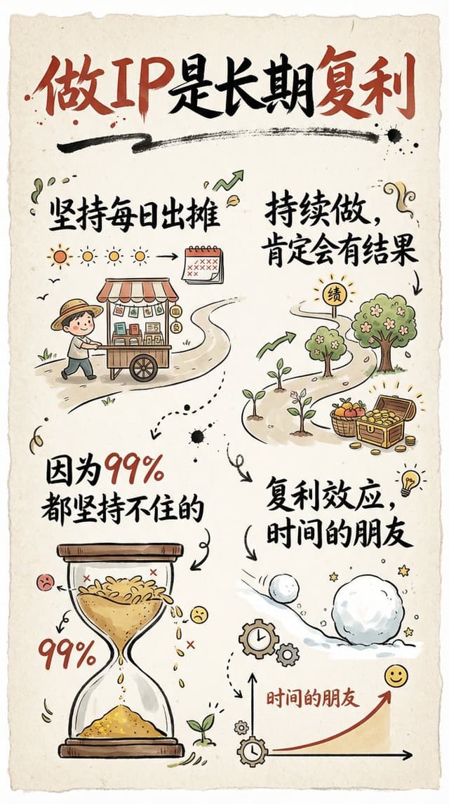 Hand-drawn infographic card about long-term IP building — output