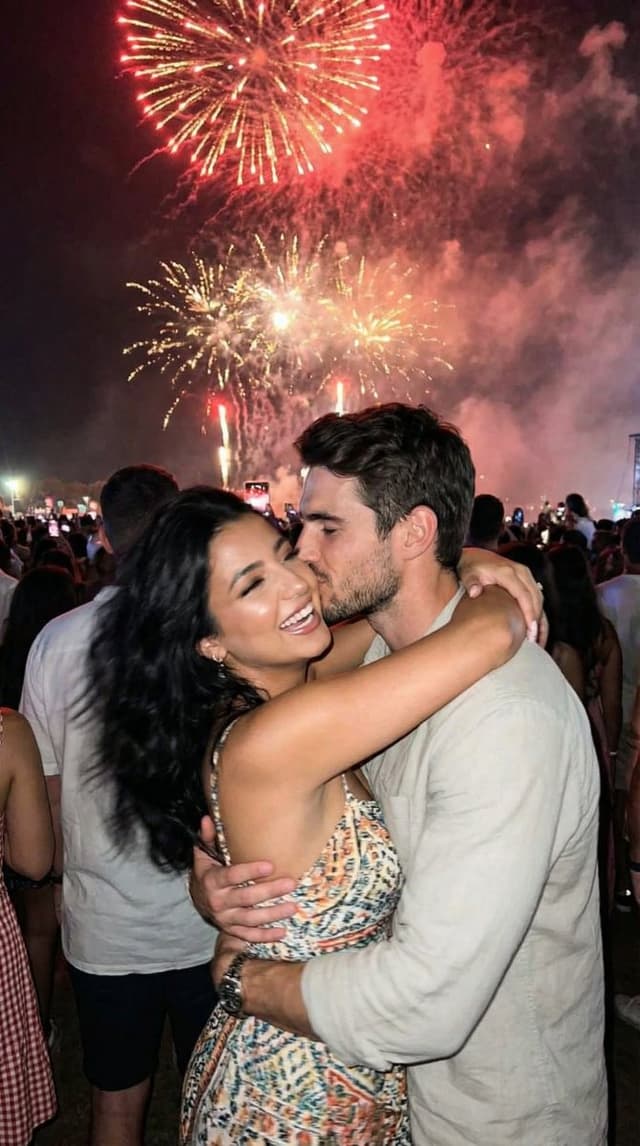 Social Media Post - Candid Smartphone Snapshot of Festival Kiss with Fireworks — output