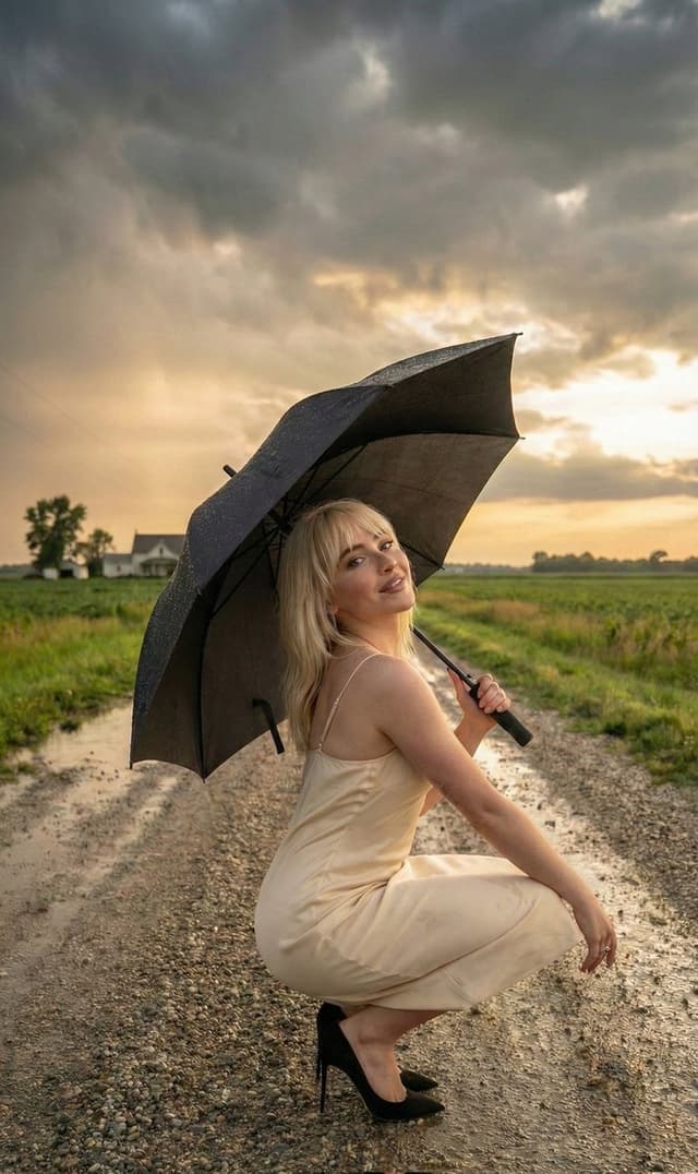 Cinematic Portrait of Sabrina Carpenter in a Stormy Rural Setting — output
