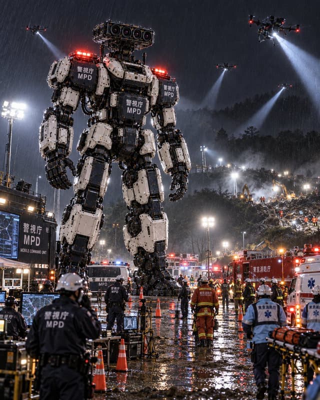 YouTube Thumbnail - Giant Police Robot at Night Rescue — output