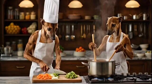 Whippets preparing a fine dining meal — cover