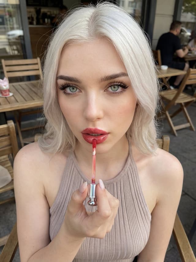 Outdoor Cafe Lip Gloss Application Beauty Portrait Prompt — output