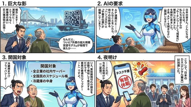 Comic / Storyboard - Four-Panel Manga Generation: AI Black Ship Arrival — output