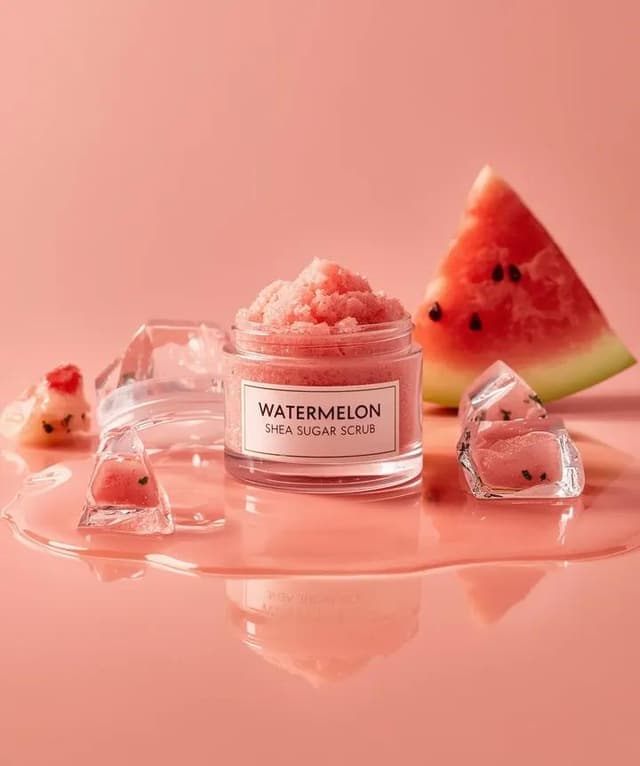 E-commerce Main Image - Hyper-photorealistic cosmetic skincare jar product shot with watermelon and ice cubes — output