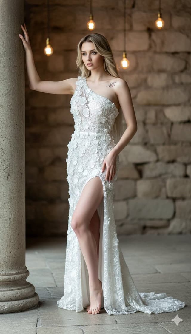 Hyper-realistic Portrait of a Woman in a White Gown — output